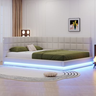 Lit Banquette Double 160x200 cm avec LED, Dossier Rembourré Confortable et Chaleureux  - Sans Matelas - Beige Lin
