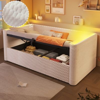 Lit banquette en velours 90 x 200 cm, L.229 x P.104 x H.64 cm, avec rangement hydraulique et éclairage LED, beige