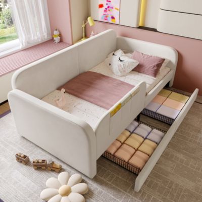 Lit Banquette enfant 90x200 cm, 2 Tiroirs à Roulettes, 3 Rangements, Velours, MDF et Métal, Blanc, Sans Matelas