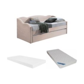 Lit banquette gigogne 2 x 90 x 190 cm - Velours - Rose + Matelas - LENVIA