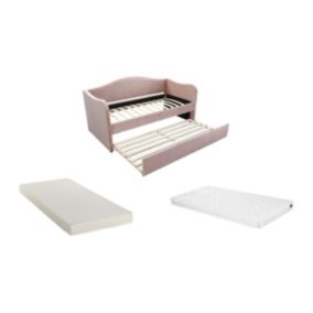 Lit banquette gigogne 2 x 90 x 190 cm - Velours - Rose + Matelas - MATHILDE