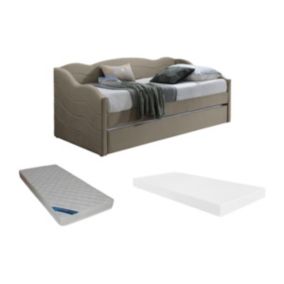 Lit banquette gigogne 2 x 90 x 190 cm - Velours - Taupe + Matelas - LENVIA