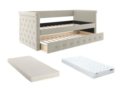 Lit banquette gigogne capitonné - 2 x 90 x 190 cm - Tissu - Beige + Matelas - LOUISE
