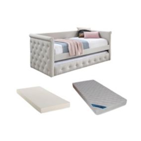 Lit banquette gigogne capitonné - 2 x 90 x 190 cm - Tissu - Beige + Matelas - LOUISE