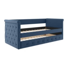 Lit banquette gigogne capitonné LOUISE - 2x90x190cm - tissu bleu