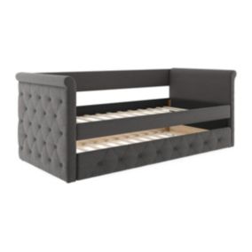 Lit banquette gigogne capitonné LOUISE - 2x90x190cm - tissu gris