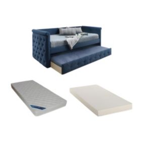 Lit banquette gigogne LOUISE - 2x90x190cm - Tissu bleu +  matelas