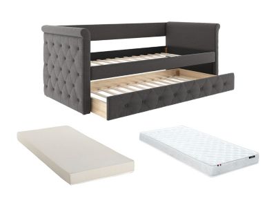 Lit banquette gigogne LOUISE - 2x90x190cm - Tissu gris +  matelas