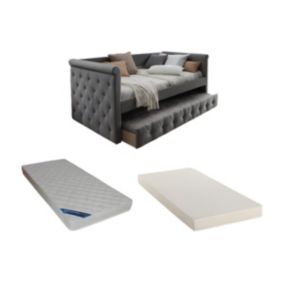 Lit banquette gigogne LOUISE - 2x90x190cm - Tissu gris +  matelas