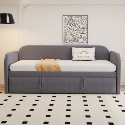 Lit banquette rembourré extensible 90/180x190 cm avec lattes, tissu lin respirant et confortable, gris (matelas non inclus)