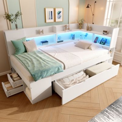 Lit Banquette Simple Ado 90x190 cm - Lit avec Rangement et Étagères, Éclairage LED et Ports USB, Bois Blanc, Sans Matelas