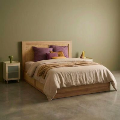 Lit bohème avec sommier à lattes et tête de lit 140 x 190cm + 4 tiroirs décor bois et cannage naturel - Bohème