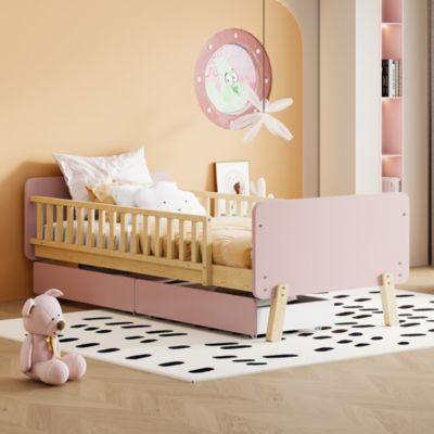 Lit bois 90 par 190 cm lit simple avec 2 tiroirs cadre en bois massif sommier rose