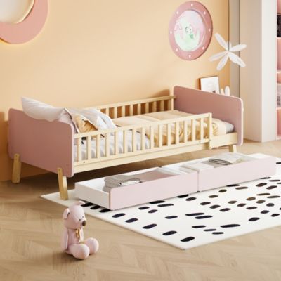Lit bois 90 par 190 cm lit simple avec 2 tiroirs cadre en bois massif sommier rose