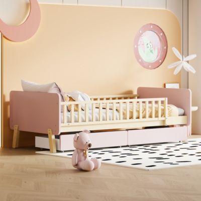 Lit bois 90 par 190 cm lit simple avec 2 tiroirs cadre en bois massif sommier rose