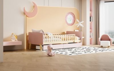 Lit bois 90 par 190 cm lit simple avec 2 tiroirs cadre en bois massif sommier rose