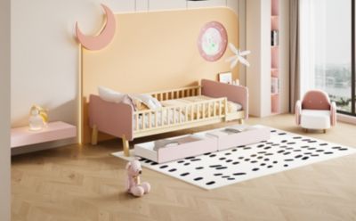 Lit bois 90 par 190 cm lit simple avec 2 tiroirs cadre en bois massif sommier rose
