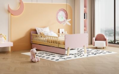 Lit bois 90 par 190 cm lit simple avec 2 tiroirs cadre en bois massif sommier rose