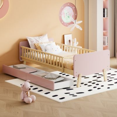 Lit bois 90 par 190 cm lit simple avec 2 tiroirs cadre en bois massif sommier rose