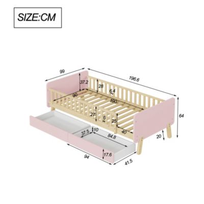 Lit bois 90 par 190 cm lit simple avec 2 tiroirs cadre en bois massif sommier rose