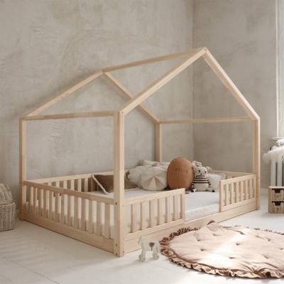 Lit cabane 140x200 barrières et sommier inclus pieds 1 cm Roxane Bois