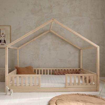 Lit cabane 140x200 barrières et sommier inclus pieds 1 cm Roxane Bois