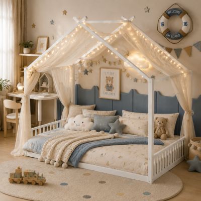 Lit Cabane 140x200 cm - Lit enfant avec Sommier à Lattes - Métal - Sans Matelas - Blanc