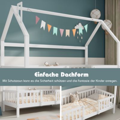 Lit cabane 90 x 200 cm, USB, sommier à lattes, blanc, pin