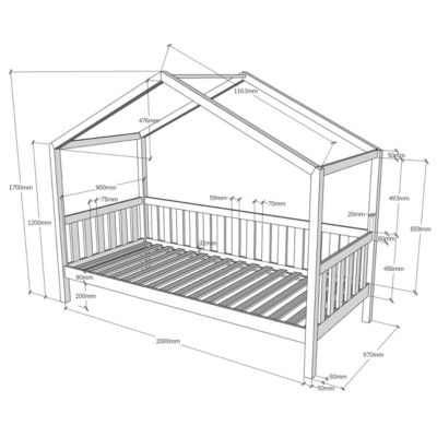 Lit cabane 90x200 sommier inclus Vipack Dallas Anthracite