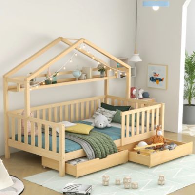 Lit cabane 90x200cm - Lit enfant avec 2 tiroirs - bois massif avec sommier à lattes -  naturel (sans matelas)