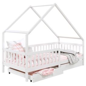 Lit cabane ALVA lit enfant simple asymétrique en bois 90 x 190 cm montessori, avec rangement 2 tiroirs, en pin massif lasuré blanc