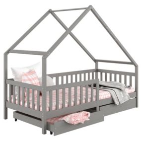 Lit cabane ALVA lit enfant simple asymétrique en bois 90 x 190 cm montessori, avec rangement 2 tiroirs, en pin massif lasuré gris