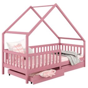 Lit cabane ALVA lit enfant simple asymétrique en bois 90 x 190 cm montessori, avec rangement 2 tiroirs, en pin massif lasuré rose