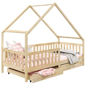 Lit cabane ALVA lit enfant simple asymétrique en bois 90 x 190 cm montessori, avec rangement 2 tiroirs, en pin massif naturel