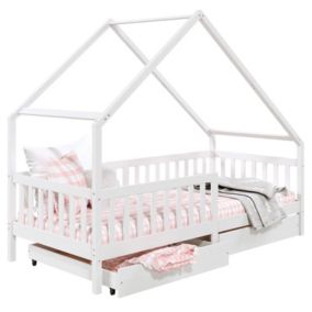 Lit cabane ALVA lit enfant simple asymétrique en bois 90 x 200 cm montessori, avec rangement 2 tiroirs, en pin massif lasuré blanc