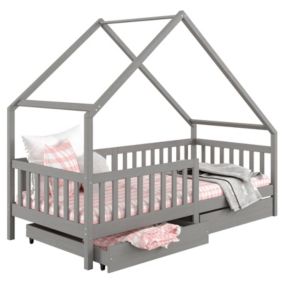 Lit cabane ALVA lit enfant simple asymétrique en bois 90 x 200 cm montessori, avec rangement 2 tiroirs, en pin massif lasuré gris