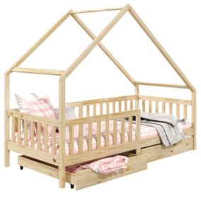 Lit cabane ALVA lit enfant simple asymétrique en bois 90 x 200 cm montessori, avec rangement 2 tiroirs, en pin massif naturel