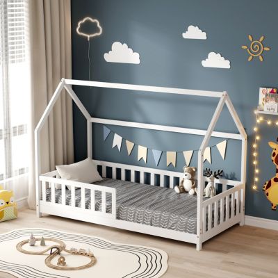 Lit cabane avec barrière Tchoupi 90x190 cm (matelas non inclus) Blanc