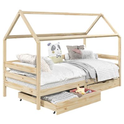 Lit cabane CLIA 90 x 200 cm avec tiroirs, en pin massif finition naturelle