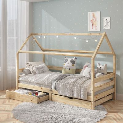 Lit cabane CLIA 90 x 200 cm avec tiroirs, en pin massif finition naturelle