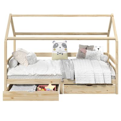 Lit cabane CLIA 90 x 200 cm avec tiroirs, en pin massif finition naturelle