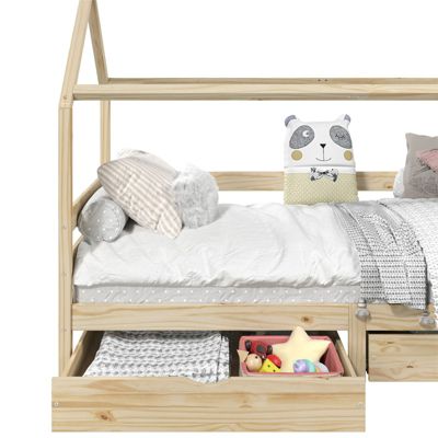 Lit cabane CLIA 90 x 200 cm avec tiroirs, en pin massif finition naturelle