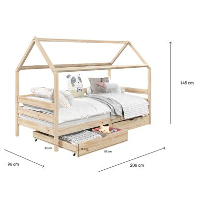 Lit cabane CLIA 90 x 200 cm avec tiroirs, en pin massif finition naturelle