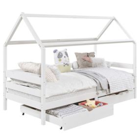 Lit cabane CLIA lit simple pour enfant montessori 90 x 190 cm avec rangement 2 tiroirs et barrières de protection, en massif blanc