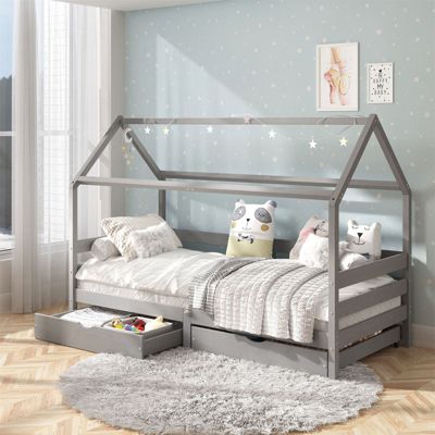 Lit cabane CLIA lit simple pour enfant montessori 90 x 190 cm avec rangement 2 tiroirs et barrières de protection, pin massif gris