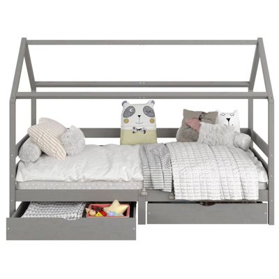 Lit cabane CLIA lit simple pour enfant montessori 90 x 190 cm avec rangement 2 tiroirs et barrières de protection, pin massif gris