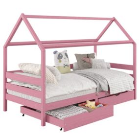 Lit cabane CLIA lit simple pour enfant montessori 90 x 190 cm avec rangement 2 tiroirs et barrières de protection, pin massif rose