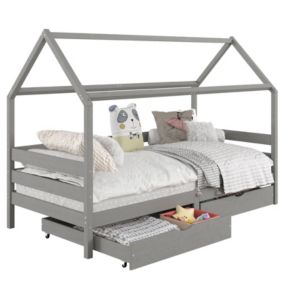 Lit cabane CLIA lit simple pour enfant montessori 90 x 200 cm avec rangement 2 tiroirs et barrières sur 3 côtés, pin massif gris