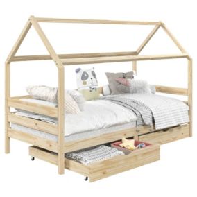 Lit cabane CLIA lit simple pour enfant montessori 90 x 200 cm rangement 2 tiroirs et barrières sur 3 côtés, pin naturel