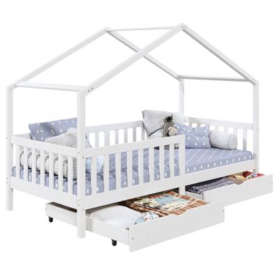 Lit Cabane Avec 2 Tiroirs 90 X 200 Cm - Avec Fenêtre - En Bois Massif